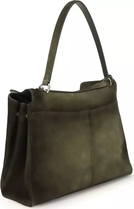 Green handbag with a shoulder strap on a white background