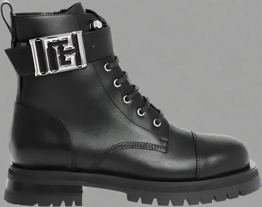 Balmain Leather Combat Booties with Ankle Strap and Logoed Buckle