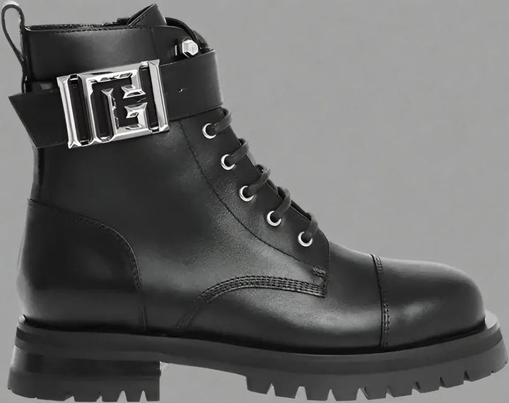 Balmain Leather Combat Booties with Ankle Strap and Logoed Buckle