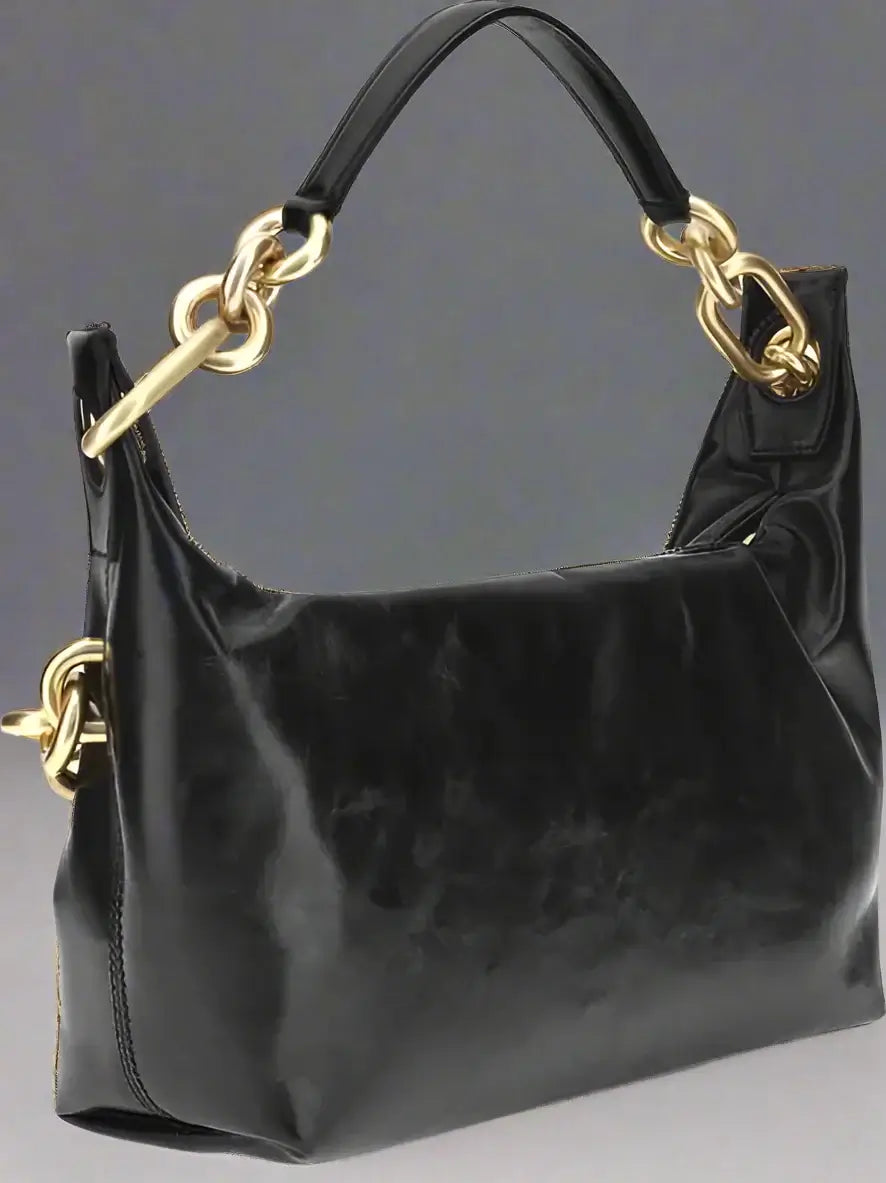 BALMAIN women's black leather gold tone chained Sync Shoulder Bag