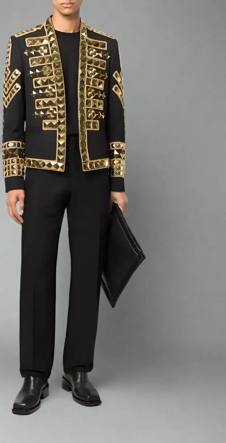 BALMAIN men's Black & gold tone stud Haircalf Jacket