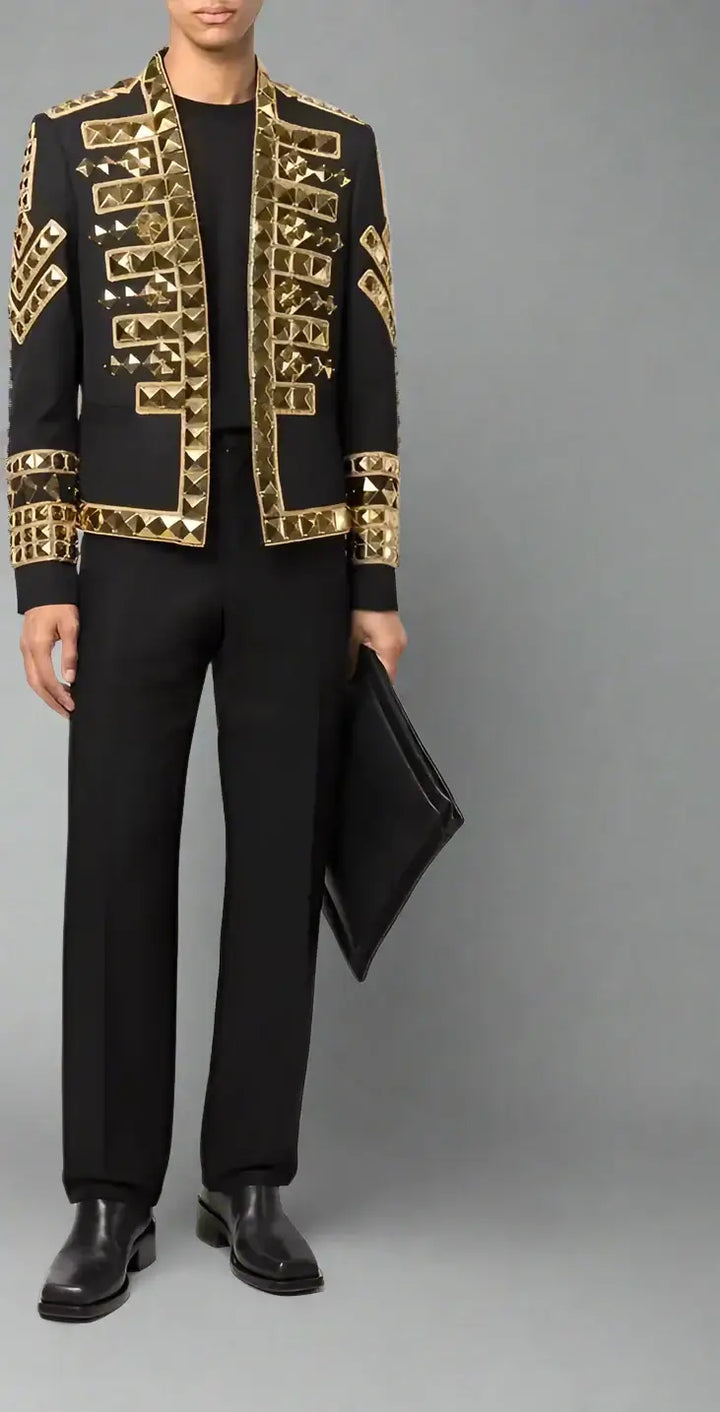 BALMAIN men's Black & gold tone stud Haircalf Jacket