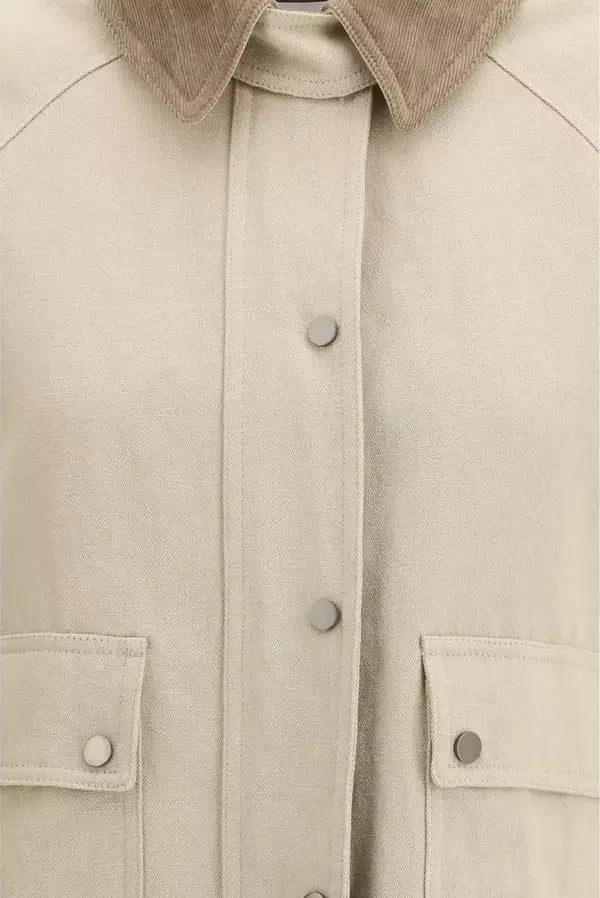 Brunello Cucinelli women's Beige Cotton Coat featuring a contrast-tone collar and flap pockets for luxury fashion.