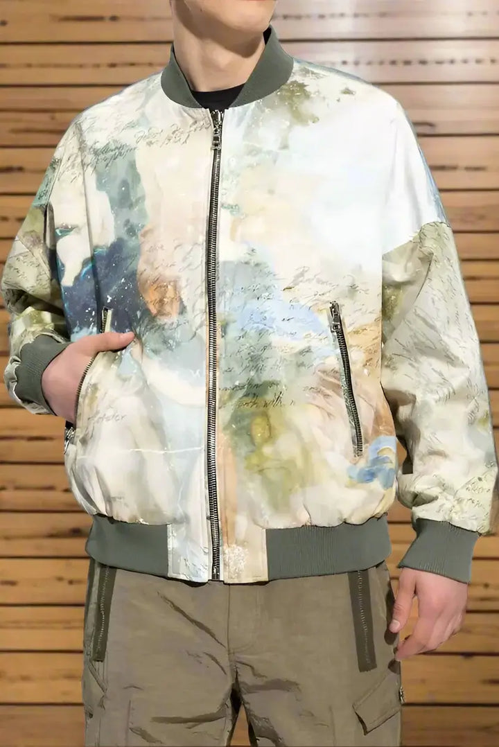 Person wearing a colorful bomber jacket with abstract patterns on a white background
