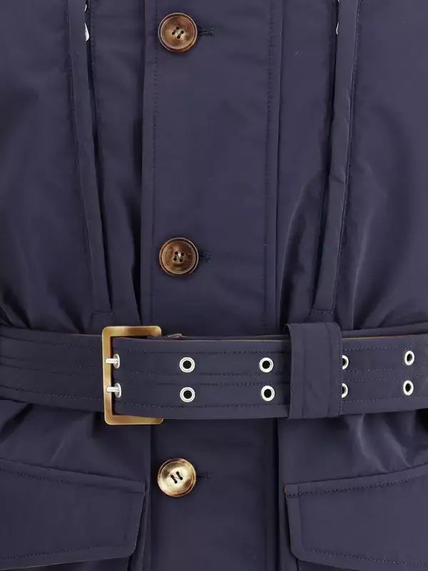 Navy blue coat with gold buttons and belt buckle