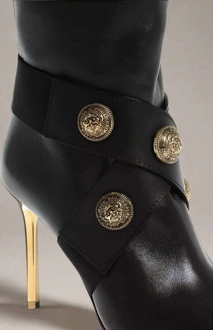 BALMAIN black Leather ALMA Boots with Jewel Buttons
