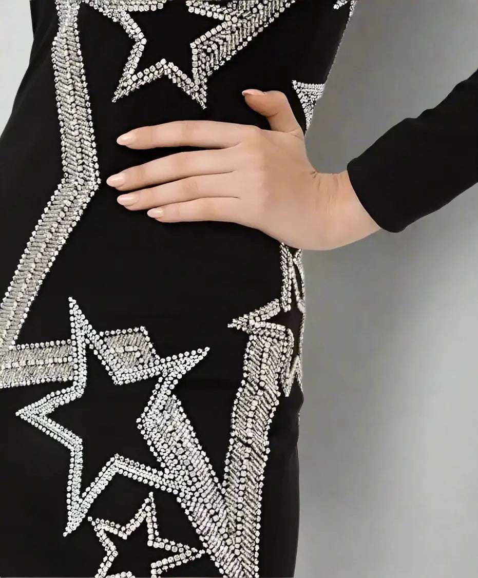 BALMAIN Black rhinestone Star embossed Viscose Dress