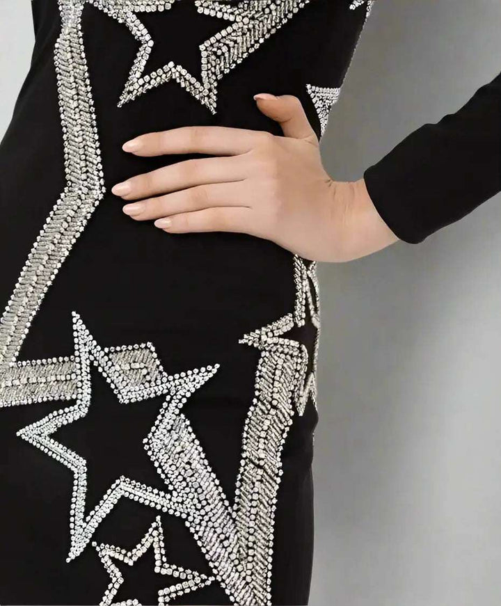 BALMAIN Black rhinestone Star embossed Viscose Dress