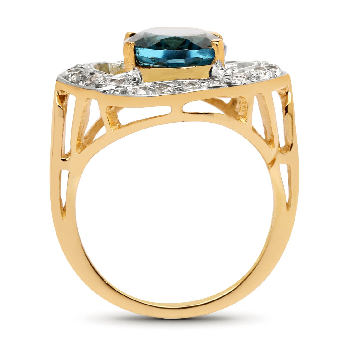 14K Yellow Gold Plated 5.13 Carat Genuine London Blue Topaz &amp; White Topaz .925 Sterling Silver Ring