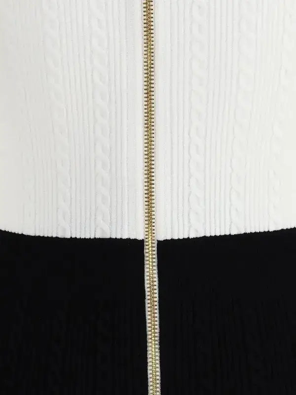 BALMAIN black/white Braided pattern midi Dress button up