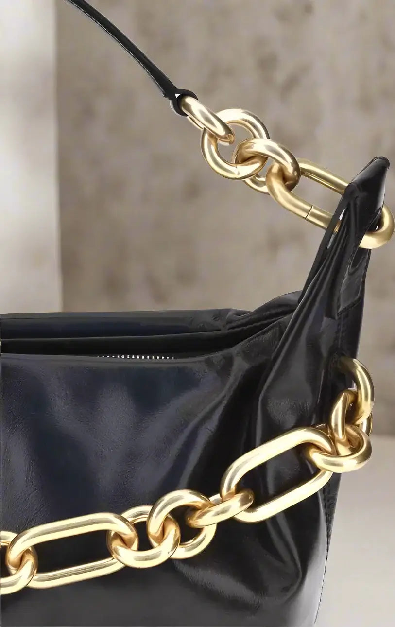 BALMAIN women's black leather gold tone chained Sync Shoulder Bag