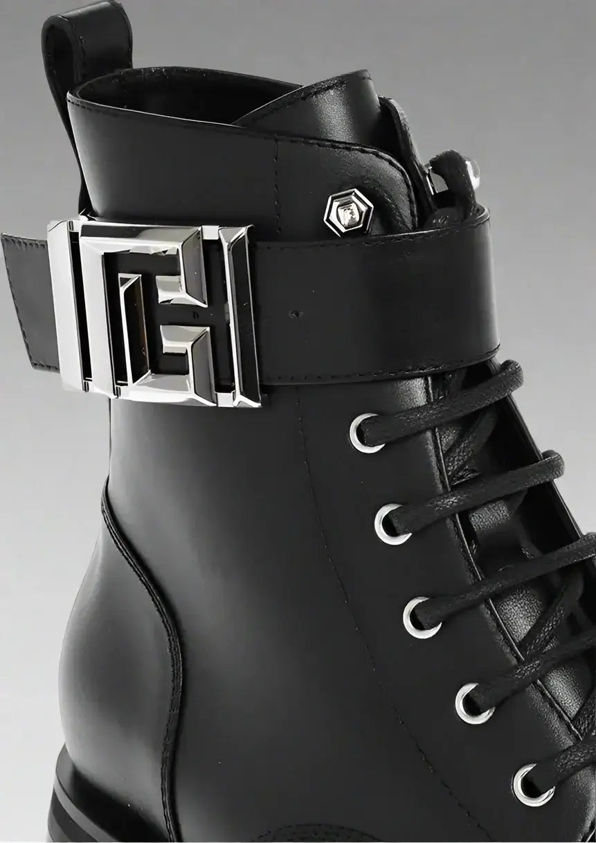 Balmain Leather Combat Booties with Ankle Strap and Logoed Buckle