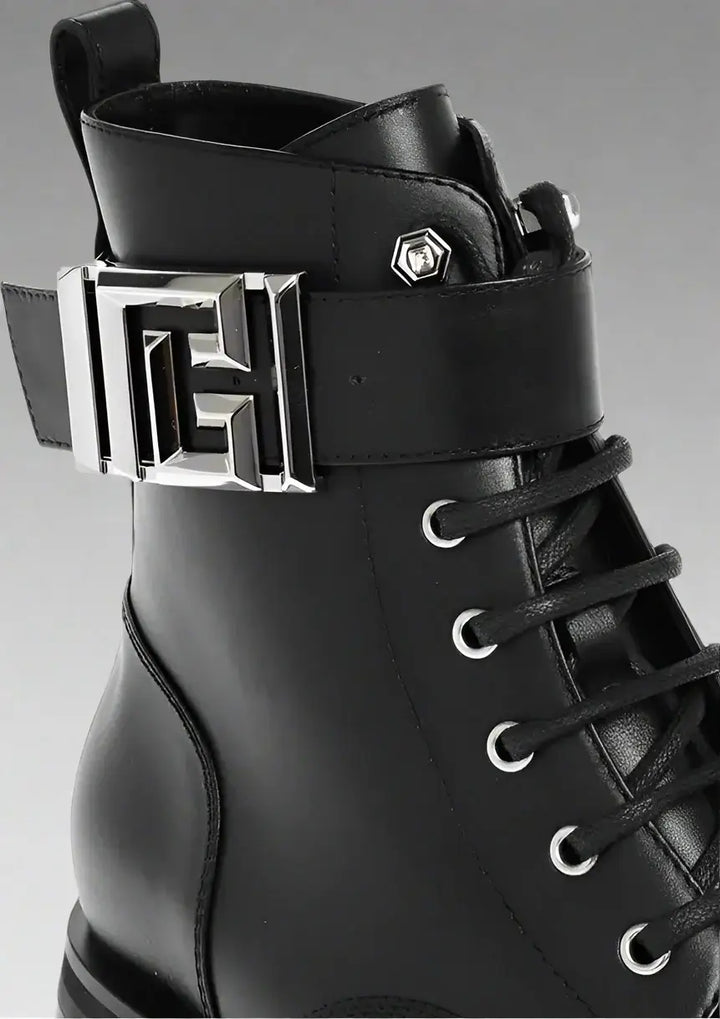 Balmain Leather Combat Booties with Ankle Strap and Logoed Buckle