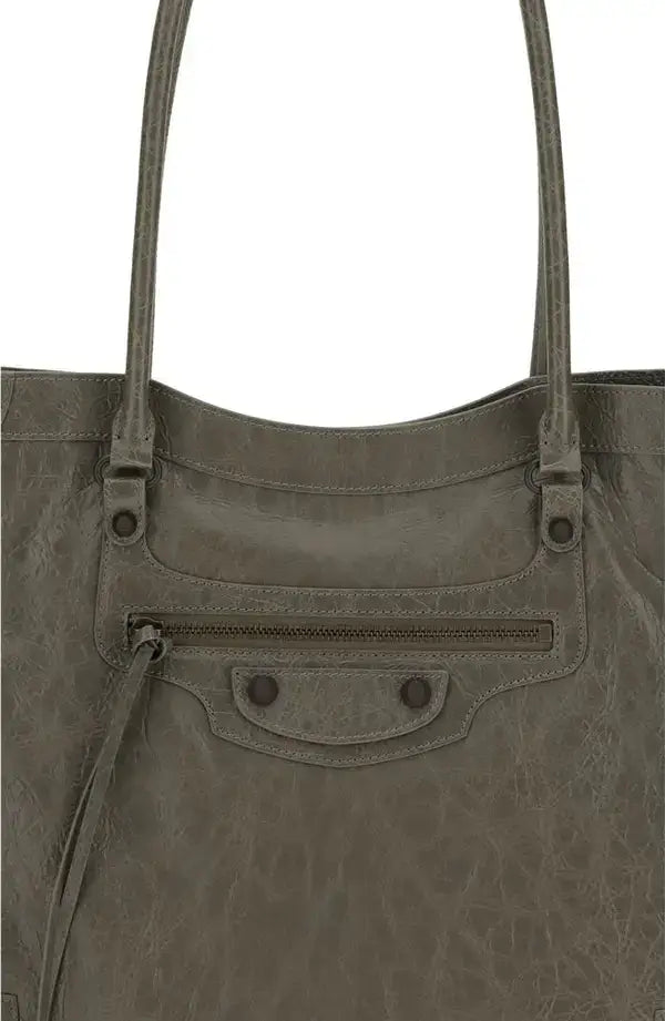 Gray tote bag with visible brand logo on a white background