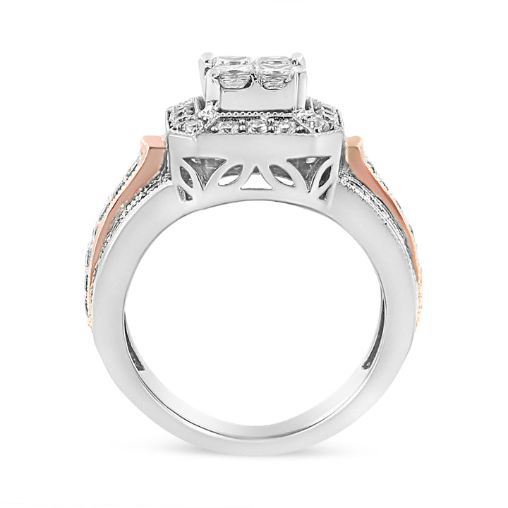 14K White and Rose Gold 1 1/8 Cttw Princess and Round-Cut Diamond Art Deco Style Triple Shank Halo Cocktail Ring (I-J Color, SI2-I1 Clarity) - Size 7