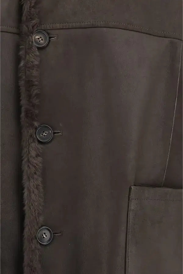 Close-up of a dark brown coat with buttons and fur trim on a plain background