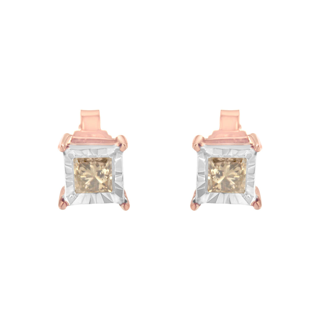 14K Rose Gold Plated Two-Tone .925 Sterling Silver 1/2 Cttw Princess-Cut Square Diamond Solitaire Miracle-Plate Stud Earrings (K-L Color, I2-I3 Clarity)