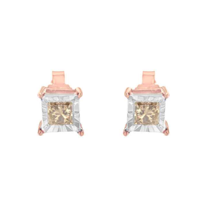 14K Rose Gold Plated Two-Tone .925 Sterling Silver 1/2 Cttw Princess-Cut Square Diamond Solitaire Miracle-Plate Stud Earrings (K-L Color, I2-I3 Clarity)