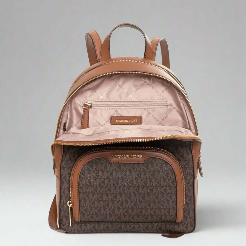 Brown backpack with tan accents and visible brand logo on a white background