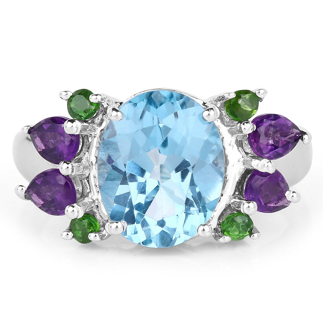 4.00 Carat Genuine Swiss Blue Topaz, Chrome Diopside &amp; Amethyst .925 Sterling Silver Ring