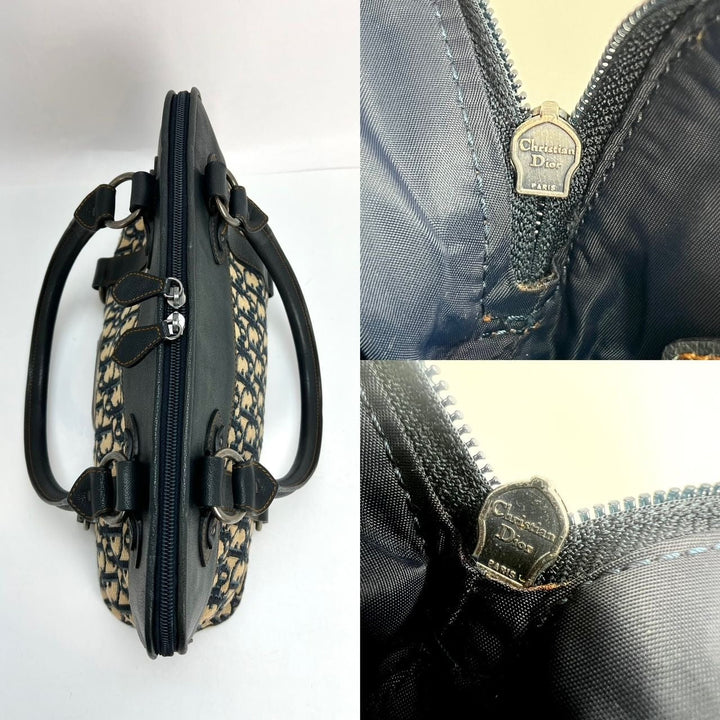 CHRISTIAN DIOR Monogram Trotter CD Blue Canvas Hand Bag interior details and zippers, luxury bags, pre-owned, excellent condition
