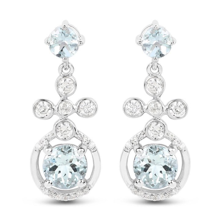 4.42 Carat Genuine Aquamarine and White Zircon .925 Sterling Silver Earrings