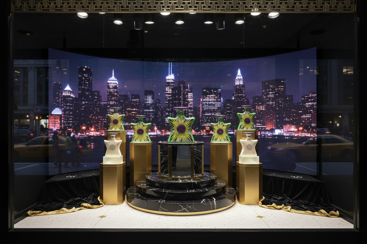 Display of decorative items on pedestals in front of a cityscape background