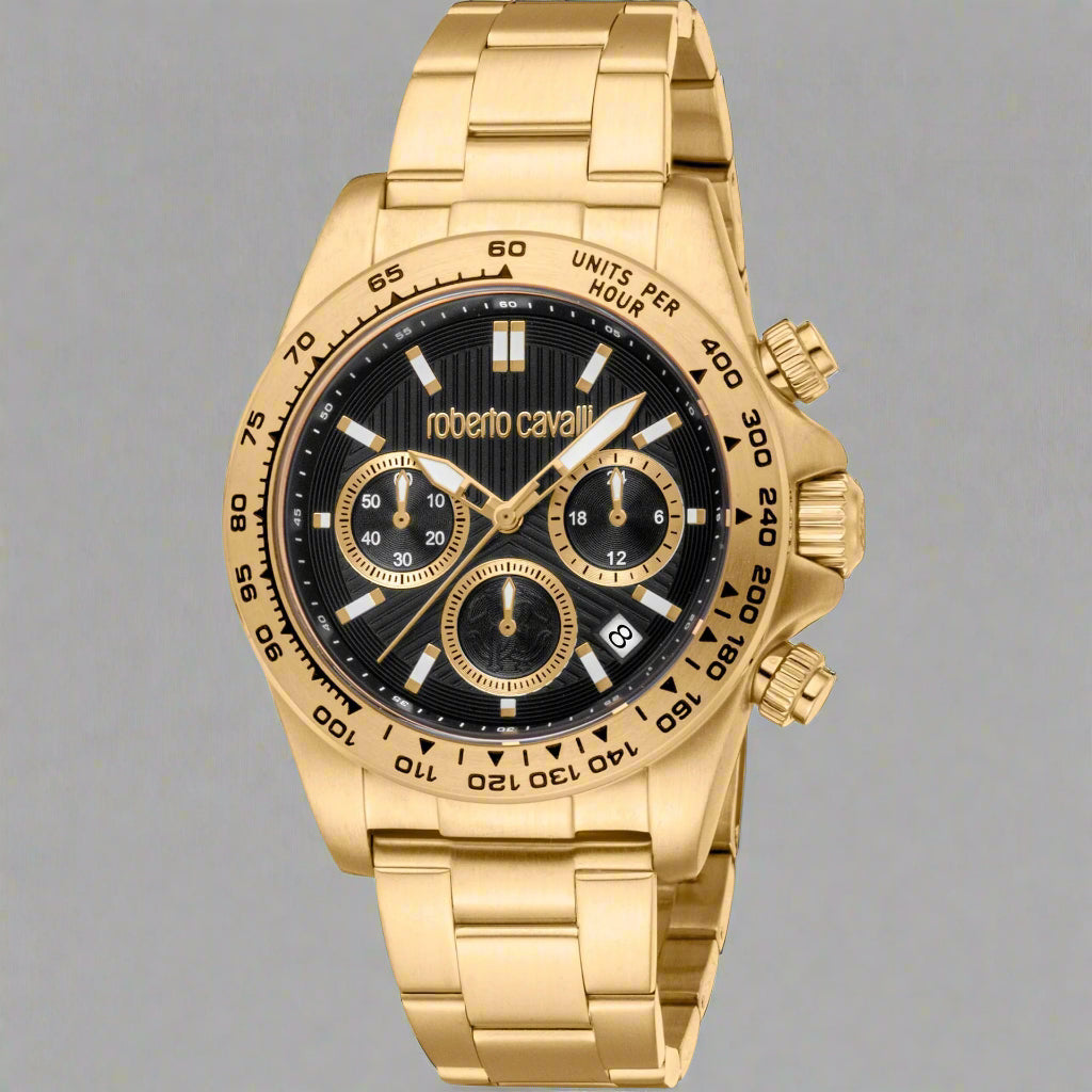 Roberto Cavalli men's gold tone black dial chronograph Watches