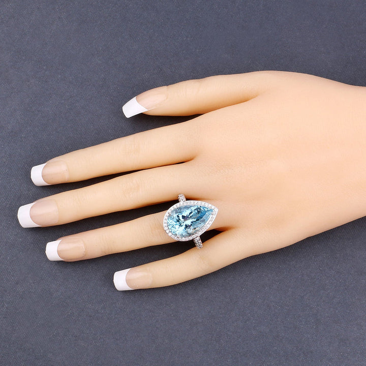 13.42 Carat Genuine Aquamarine and White Diamond 14K White Gold Ring