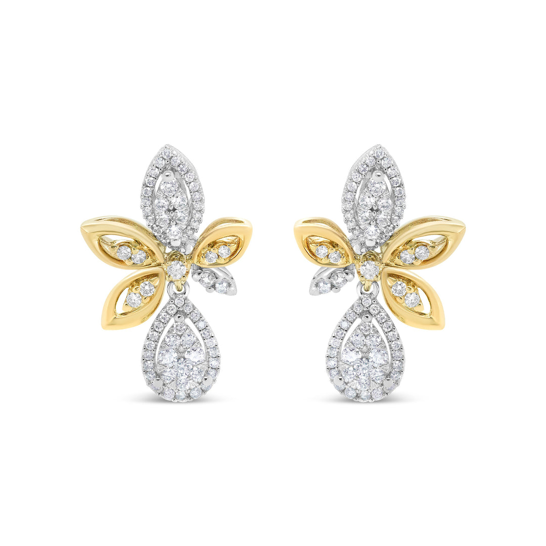 14K White and Yellow Gold 1.00 Cttw Round Pave-Set Diamond Teardrop and Marquise Shape Drop Dangle Earrings (H-I Color, SI1-SI2 Clarity)