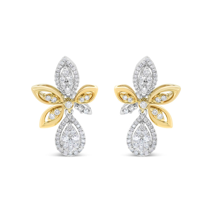 14K White and Yellow Gold 1.00 Cttw Round Pave-Set Diamond Teardrop and Marquise Shape Drop Dangle Earrings (H-I Color, SI1-SI2 Clarity)