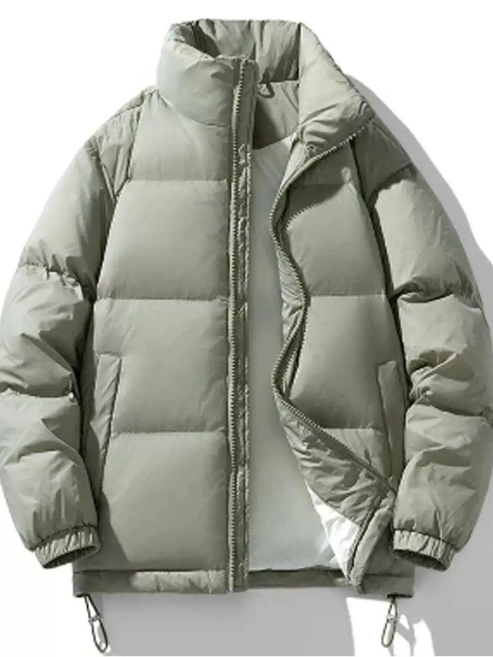 Men's Plus Size Zip Up Winter Puffer Jacket in sage color, featuring a thick zippered design and pocketed style.