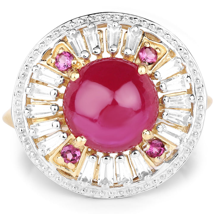 14K Yellow Gold Plated 8.91 Carat Genuine Glass Filled Ruby, Rhodolite & White Topaz .925 Sterling Silver Ring