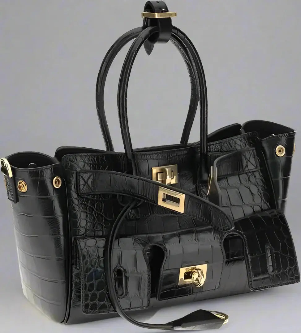 Black crocodile-patterned handbag with gold hardware on a white background