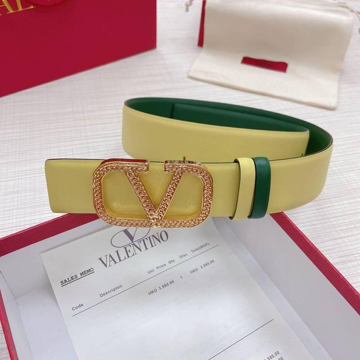 Valentino V logo Hammered Buckle Reversible Wide Signature Belt &