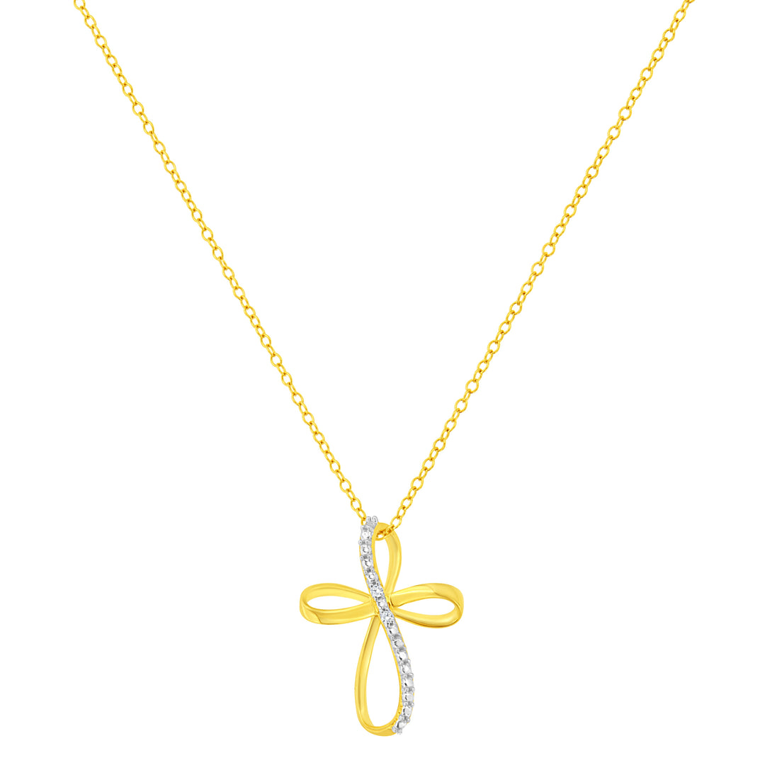 10K Yellow Gold Plated .925 Sterling Silver Diamond Accent Cross Ribbon 18" Pendant Necklace (I-J Color, I2-I3 Clarity)