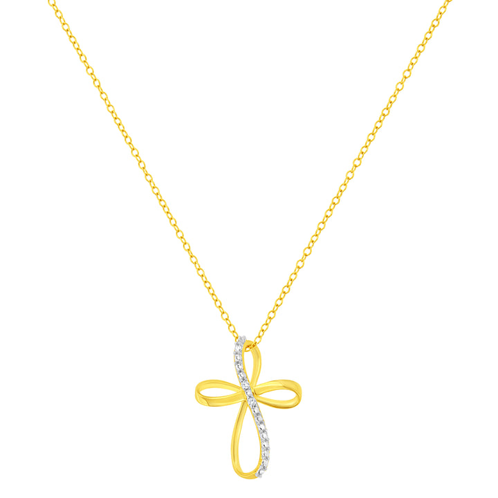 10K Yellow Gold Plated .925 Sterling Silver Diamond Accent Cross Ribbon 18" Pendant Necklace (I-J Color, I2-I3 Clarity)