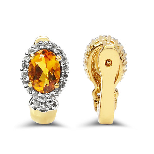 18K Yellow Gold Plated 1.99 Carat Genuine Citrine &amp; White Topaz .925 Sterling Silver Earrings