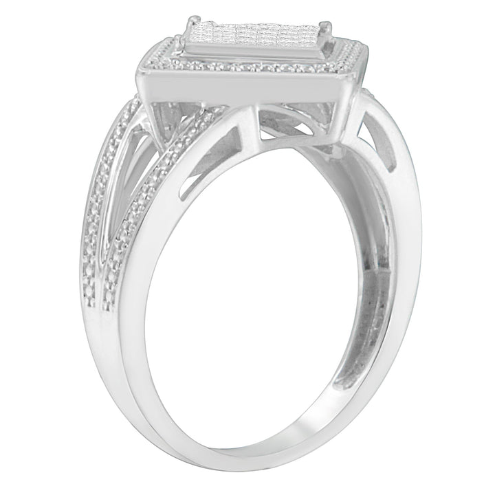 .925 Sterling Silver 1/3 Cttw Invisible Set Princess-Cut Diamond Rhombus and Beaded Halo Ring (H-I Color, SI1-SI2 Clarity) - Ring Size 7