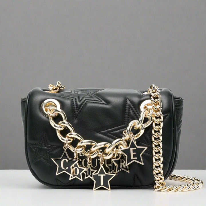 Versace Jeans Couture shoulder bag in black synthetic leather with gold emblem and chain strap.