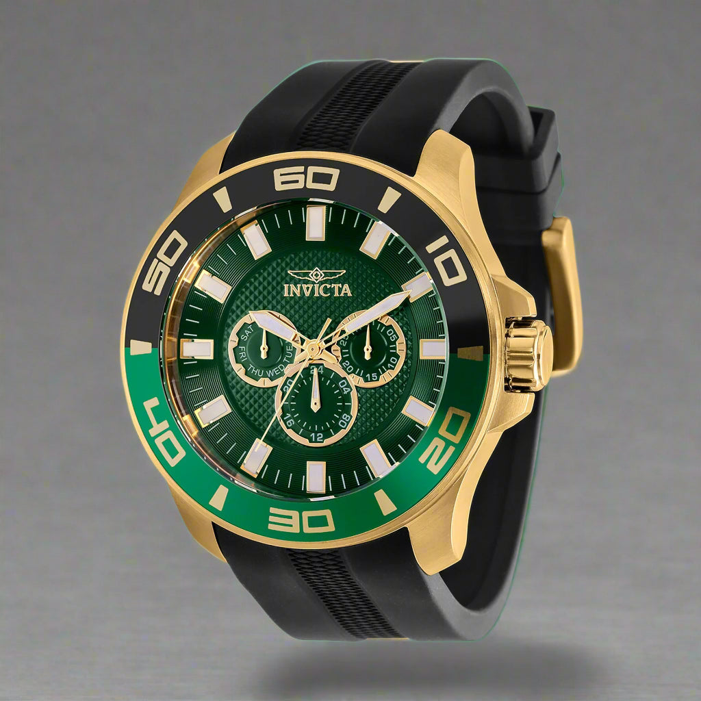 INVICTA Pro Diver men's watch with stainless steel band INVICTA black graphic t-shirt with logo front Gold-tone INVICTA chronograph wristwatch close-up INVICTA men's button-down shirt with embroidered detail INVICTA oversized sport watch and branded appar