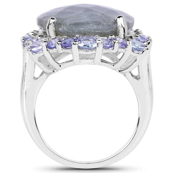 13.99 Carat Genuine Labradorite and Tanzanite .925 Sterling Silver Ring
