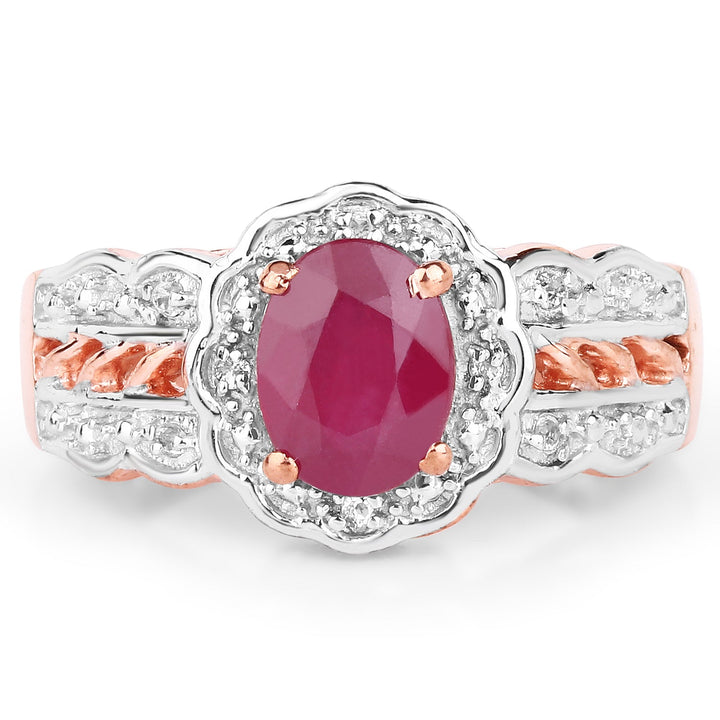 14K Rose Gold Plated 1.67 Carat Glass Filled Ruby and White Topaz .925 Sterling Silver Ring