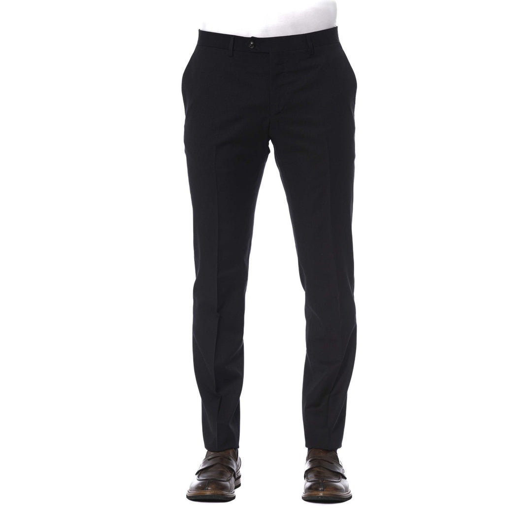 A pair of Trussardi black trousers, featuring a slim fit, flat front design, and visible logo detail on the back pocket.