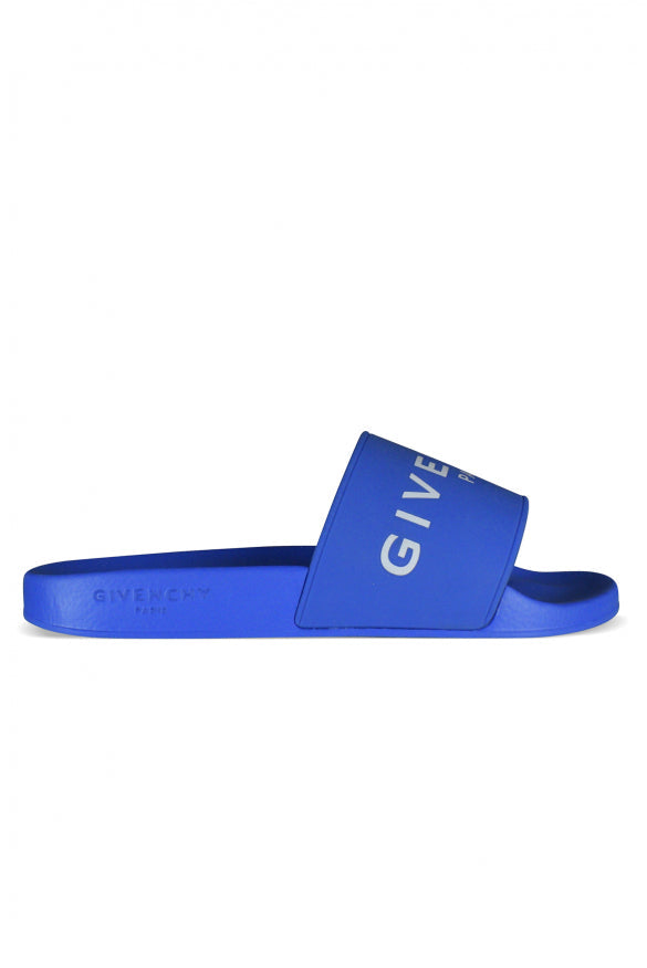 Blue slide sandal with Givenchy logo on a white background
