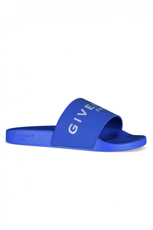 Blue slide sandal with 'Givenchy' branding on a white background