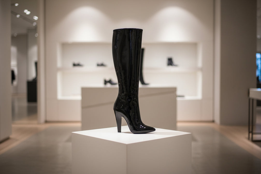 Black patent leather knee-high boot on a white background