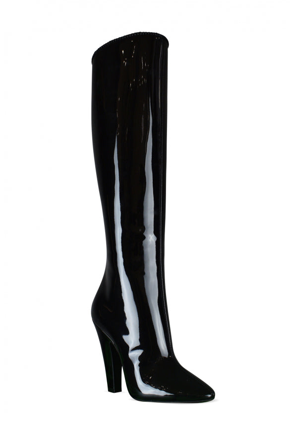 Black patent knee-high boot on a white background