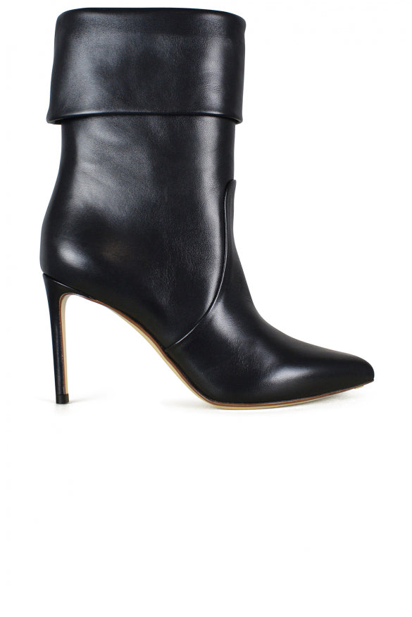 Black high-heeled ankle boot on a white background