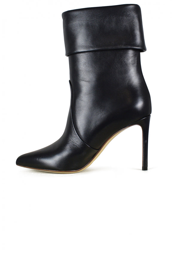 Black high-heeled ankle boot on a white background